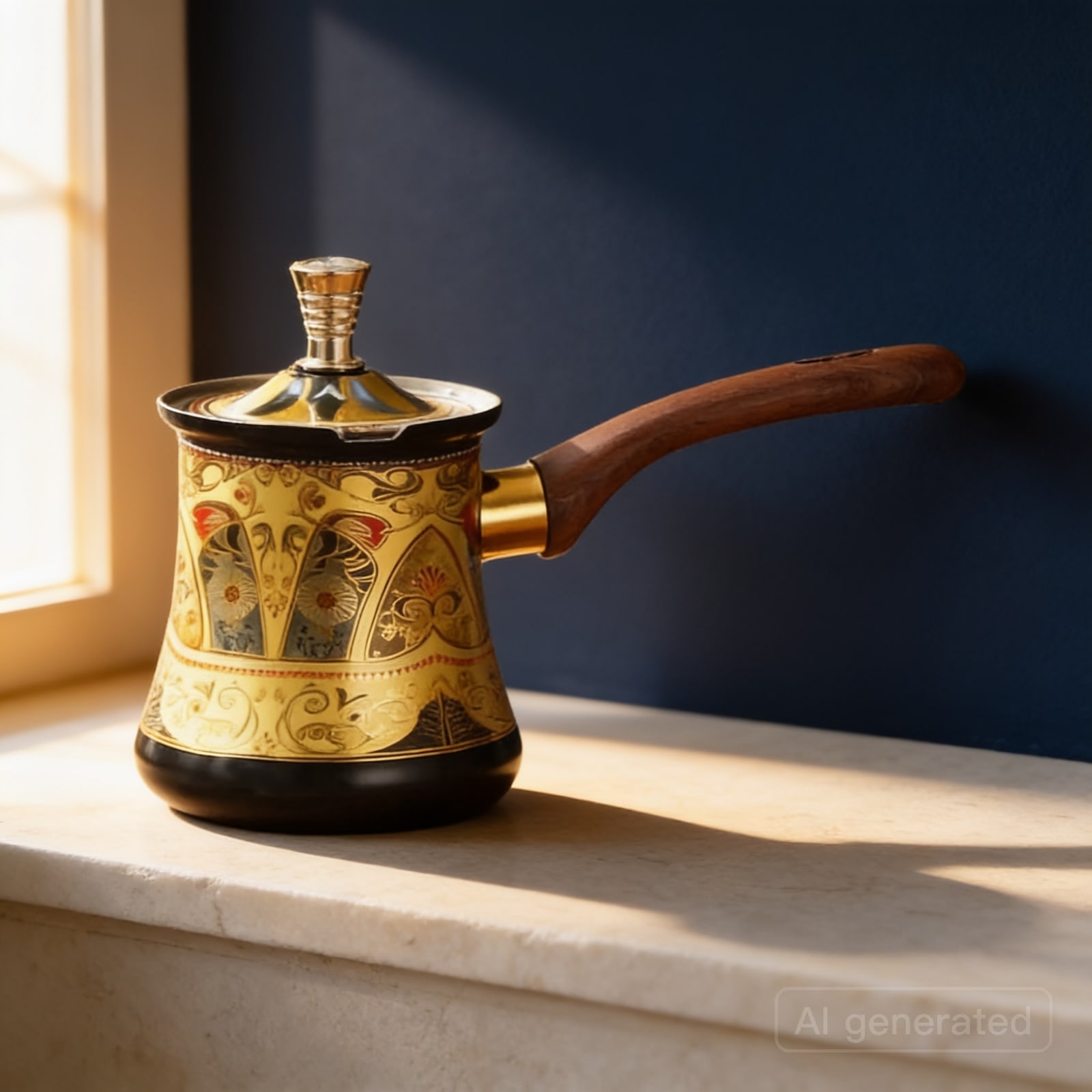 Turkish coffee pot, 350 ml — Shown in an AI-styled scene; the piece itself is as supplied.