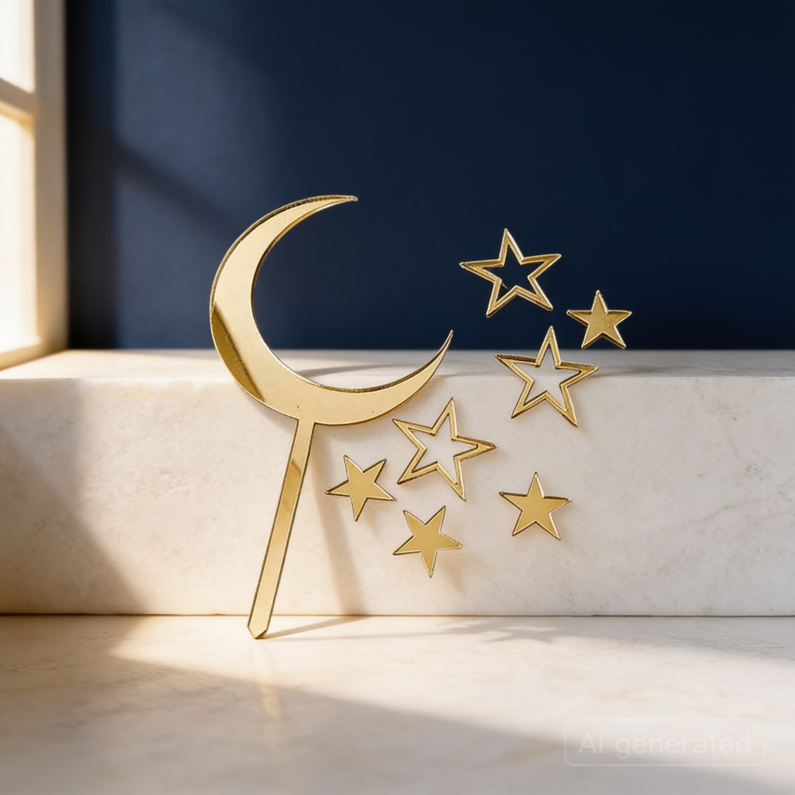 Crescent & star toppers — Shown in an AI-styled scene; the piece itself is as supplied.