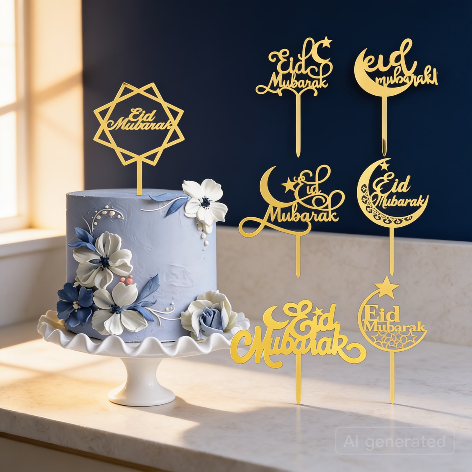 Eid Mubarak cupcake toppers, set of 12 — Shown in an AI-styled scene; the piece itself is as supplied.