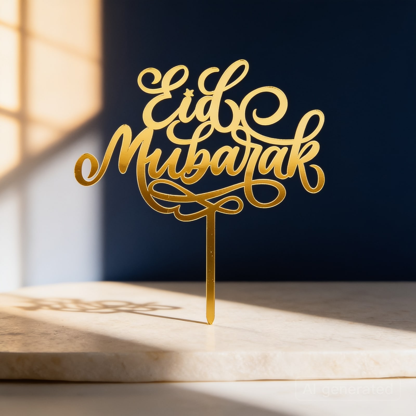 Eid Mubarak cake topper — Shown in an AI-styled scene; the piece itself is as supplied.