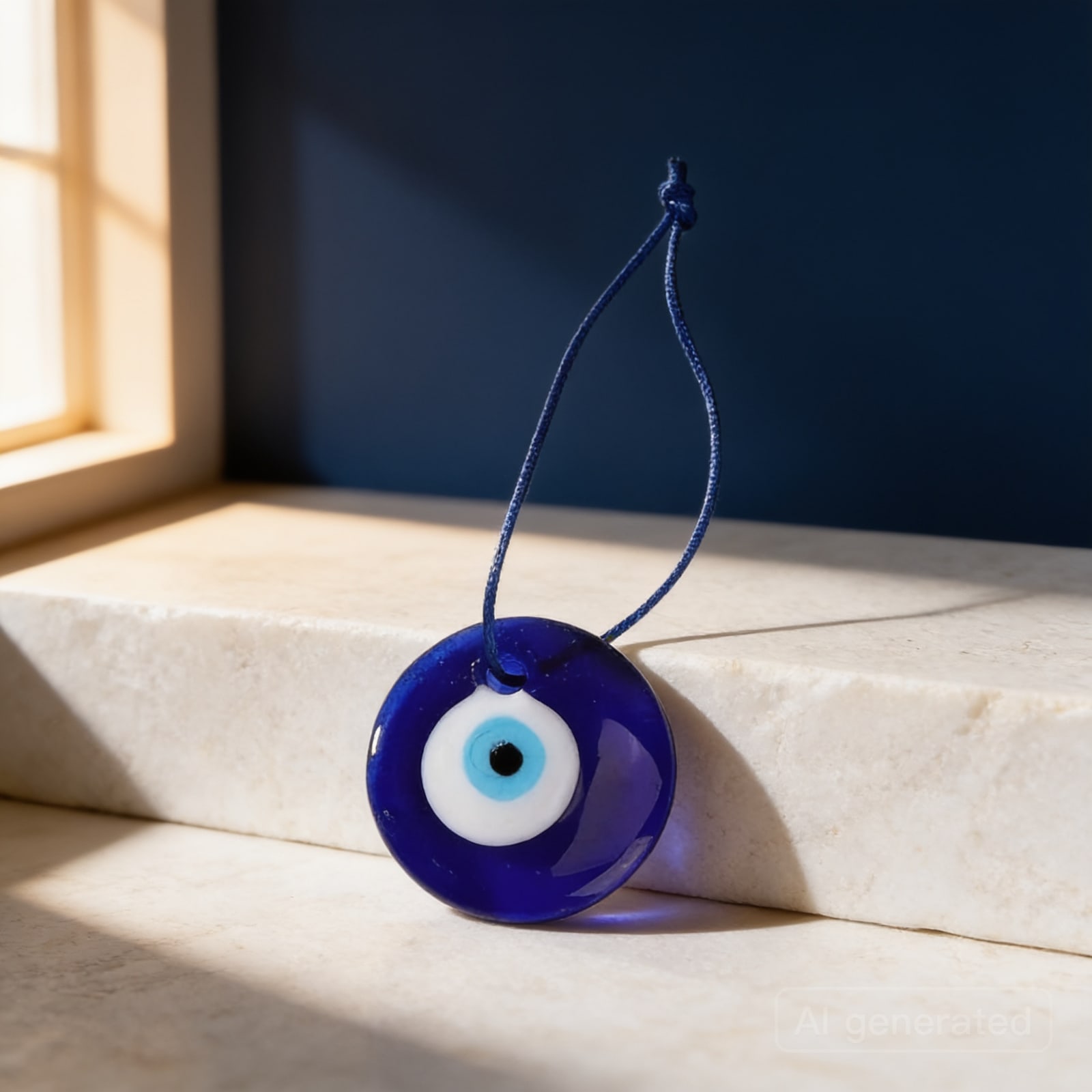 Blue-eye glass charm — Shown in an AI-styled scene; the piece itself is as supplied.