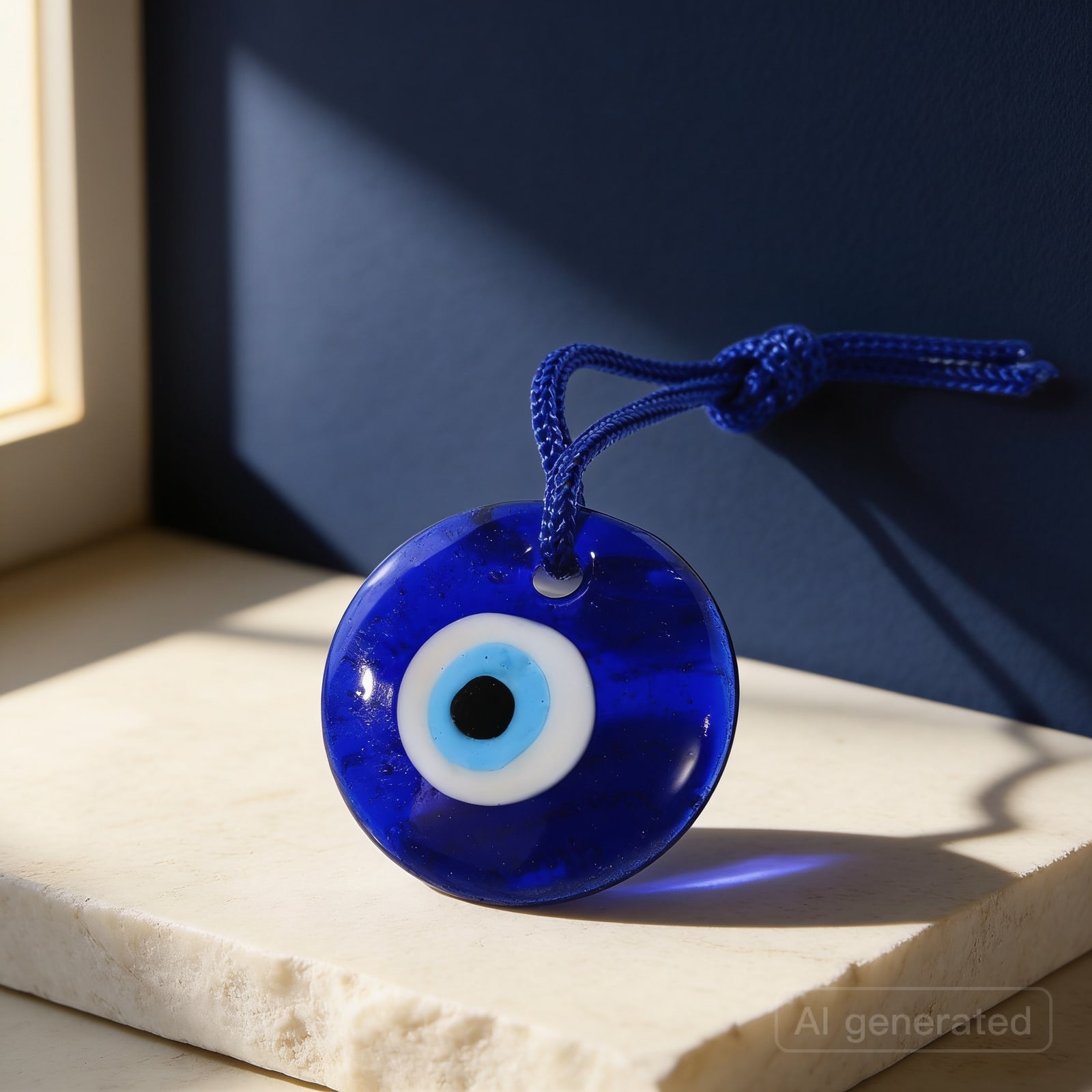 Blue-eye glass wall hanging — Shown in an AI-styled scene; the piece itself is as supplied.