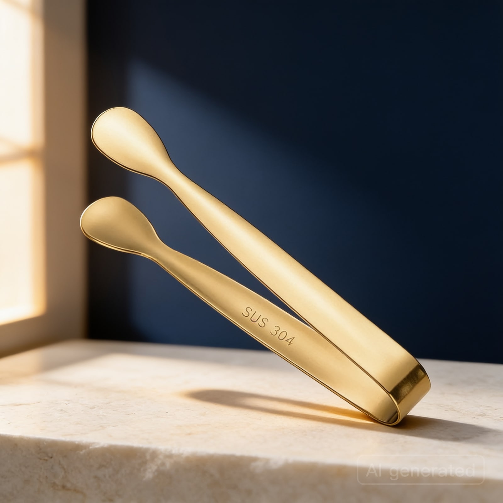 Gold serving tongs, set of 6 — Shown in an AI-styled scene; the piece itself is as supplied.