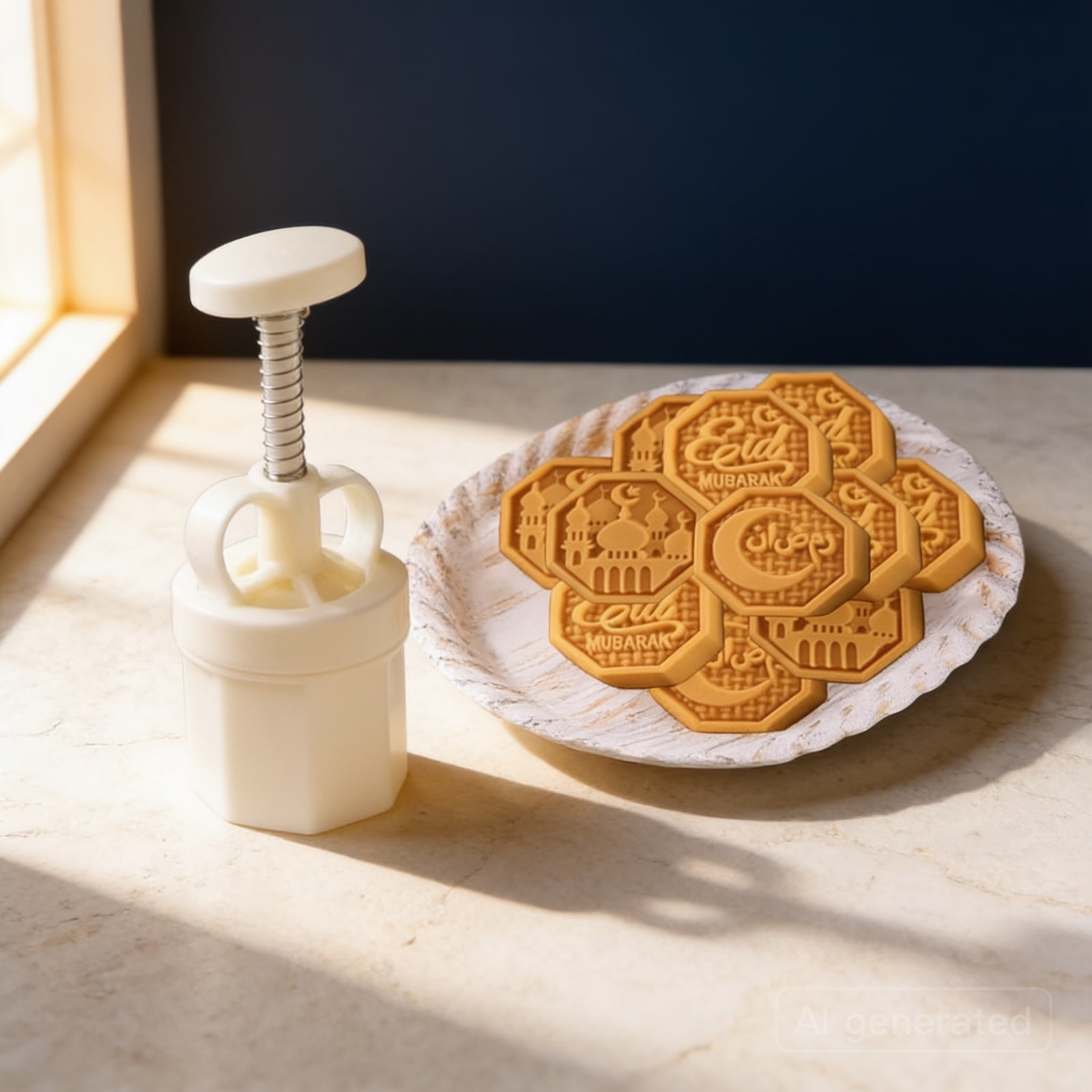 Hand-press pastry stamps, set of 4 — Shown in an AI-styled scene; the piece itself is as supplied.