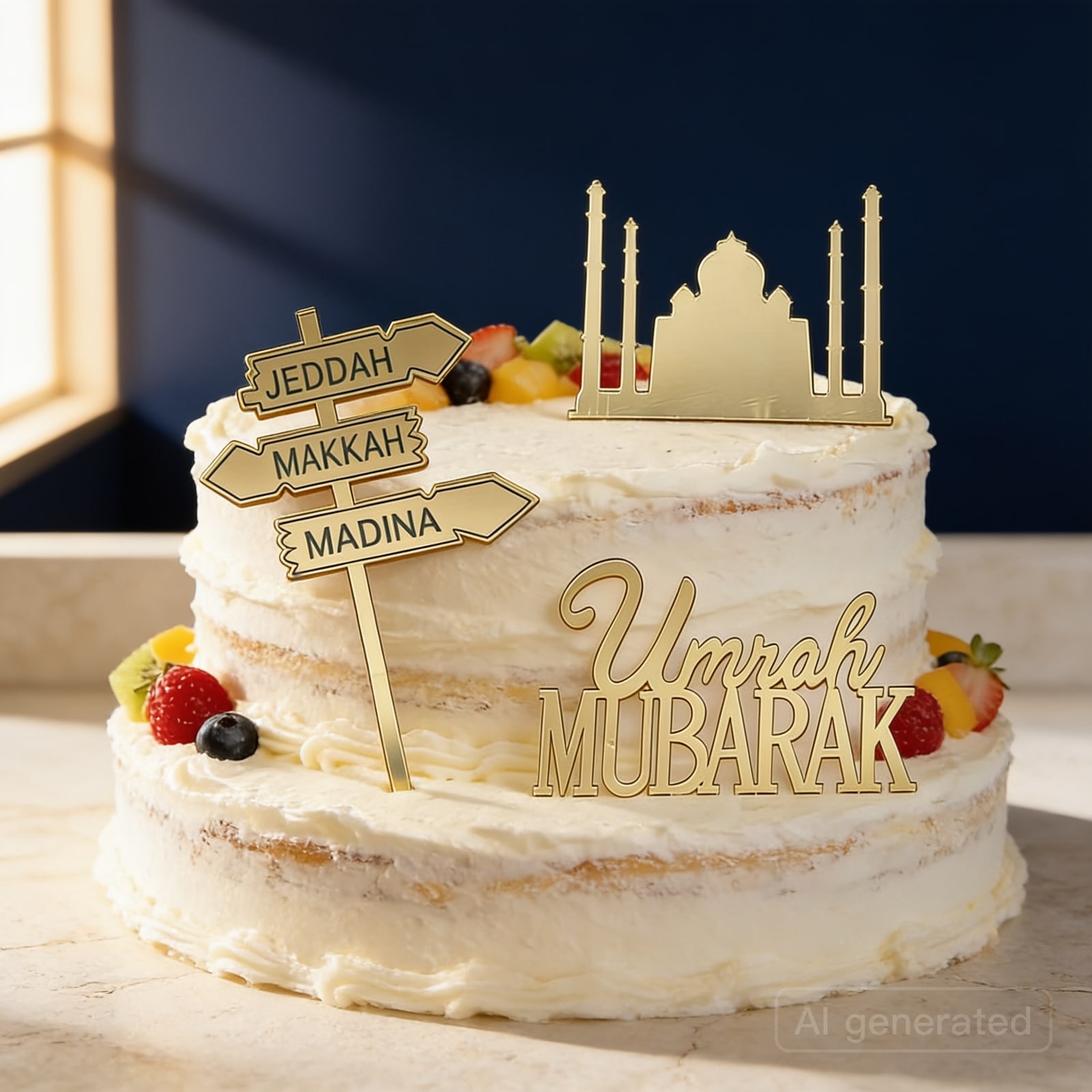 Umrah Mubarak cake toppers, set of 3 — Shown in an AI-styled scene; the piece itself is as supplied.